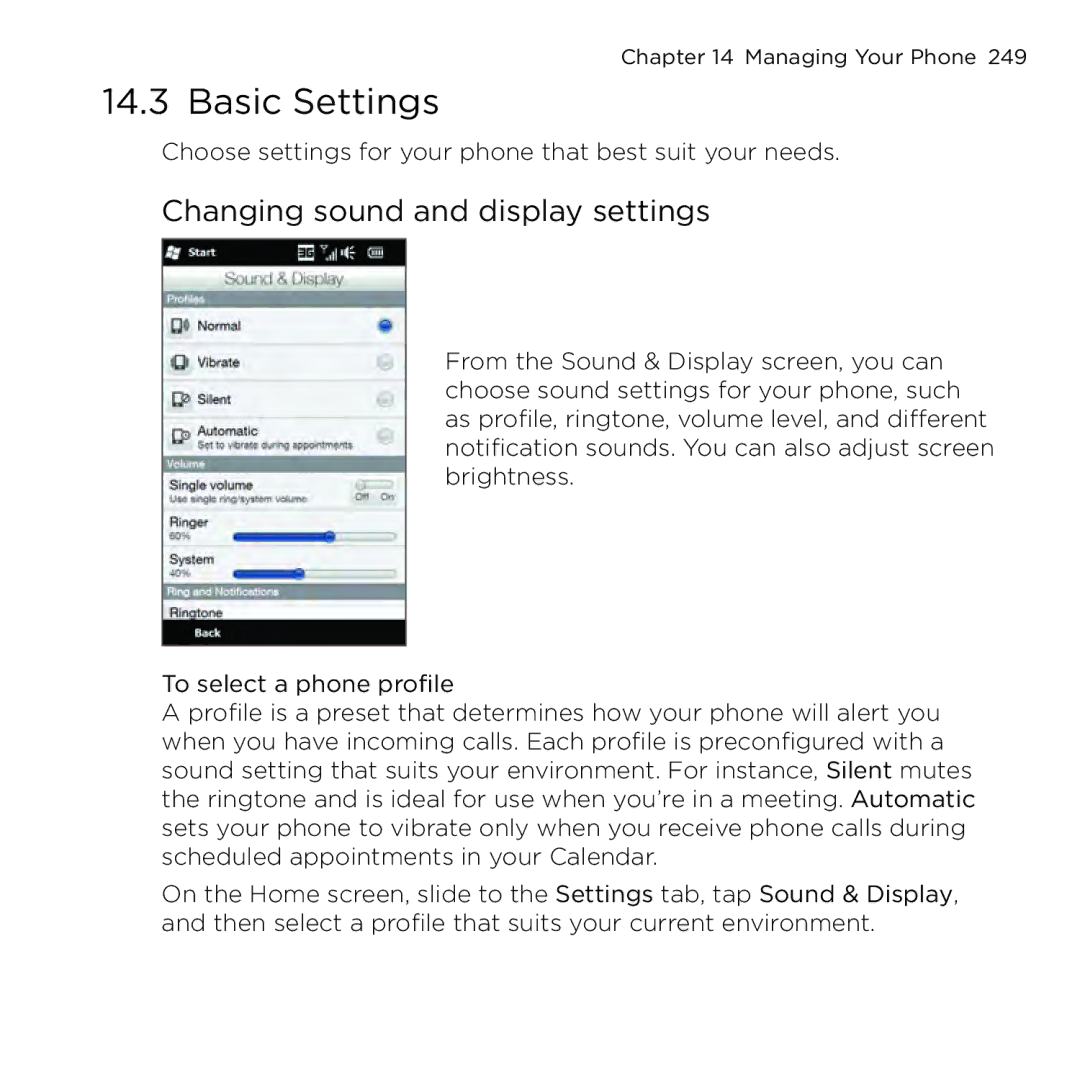 HTC NMRHOD00 user manual Basic Settings, Changing sound and display settings 