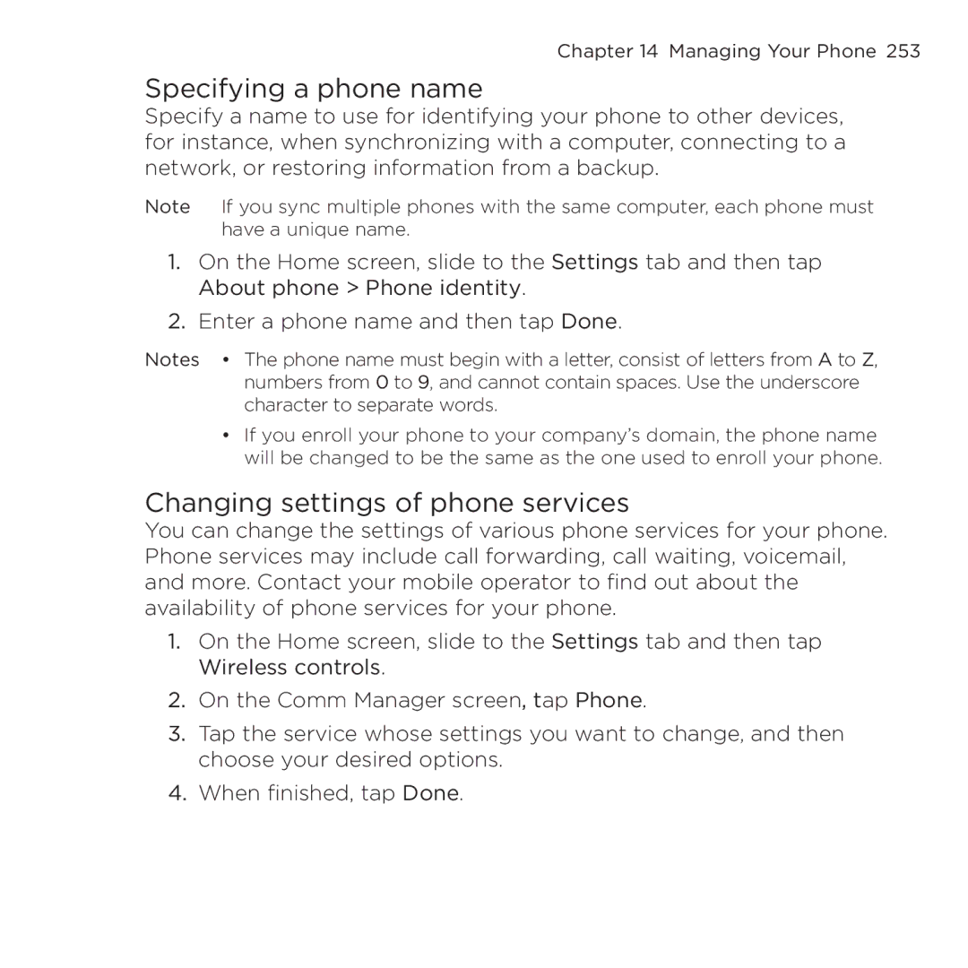 HTC NMRHOD00 user manual Specifying a phone name, Changing settings of phone services 