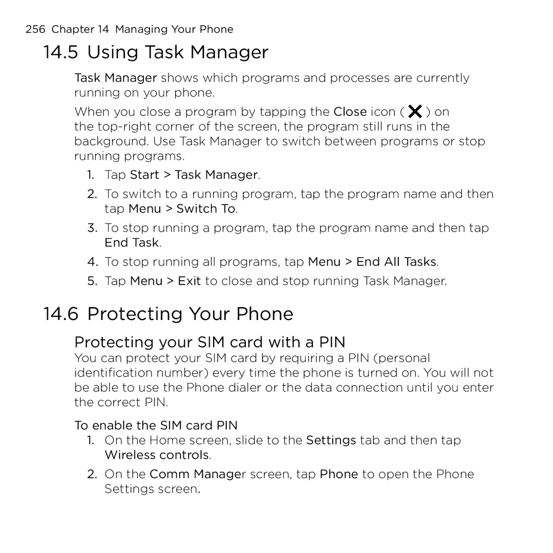 HTC NMRHOD00 user manual Using Task Manager, Protecting Your Phone, Protecting your SIM card with a PIN 