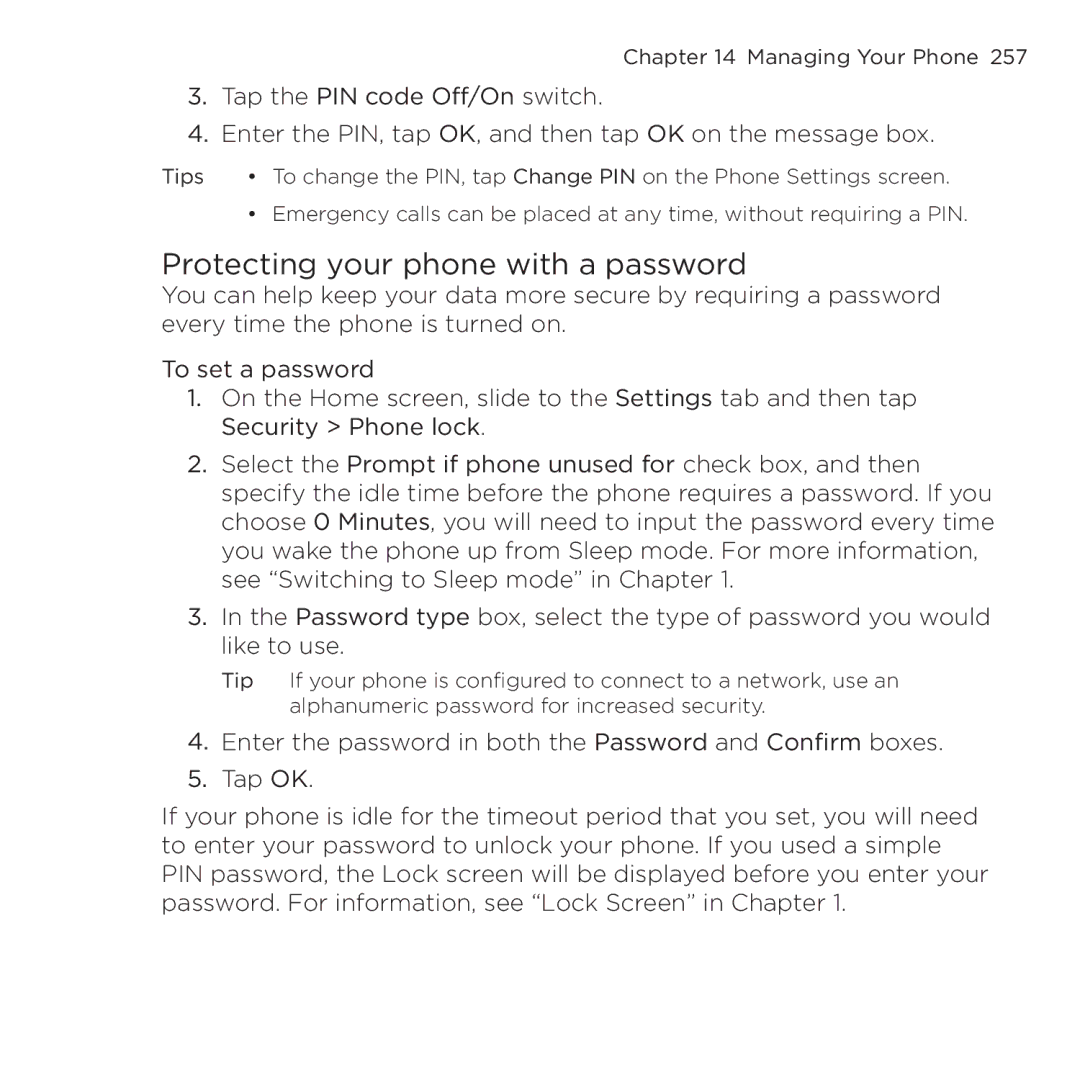 HTC NMRHOD00 user manual Protecting your phone with a password 