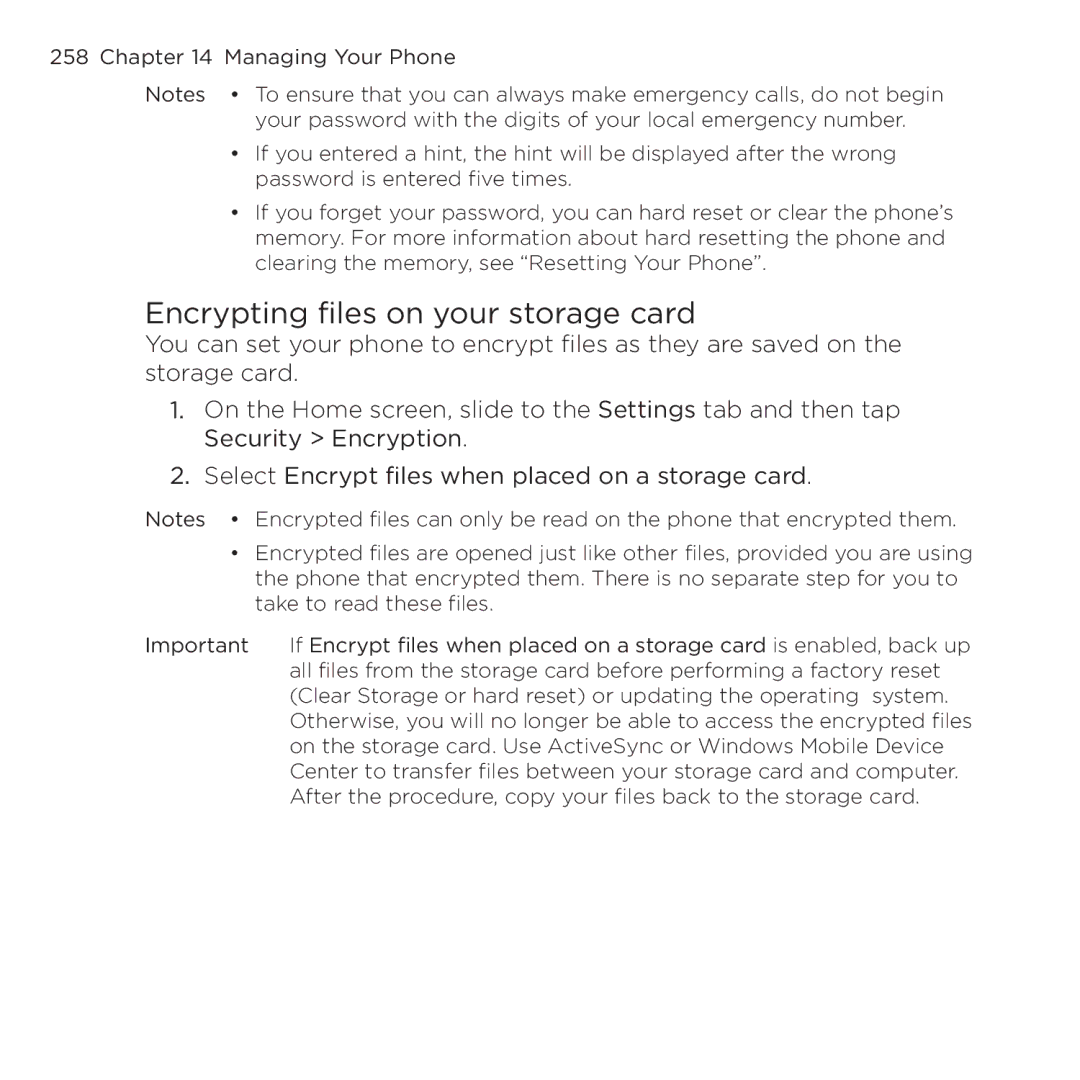 HTC NMRHOD00 user manual Encrypting files on your storage card 