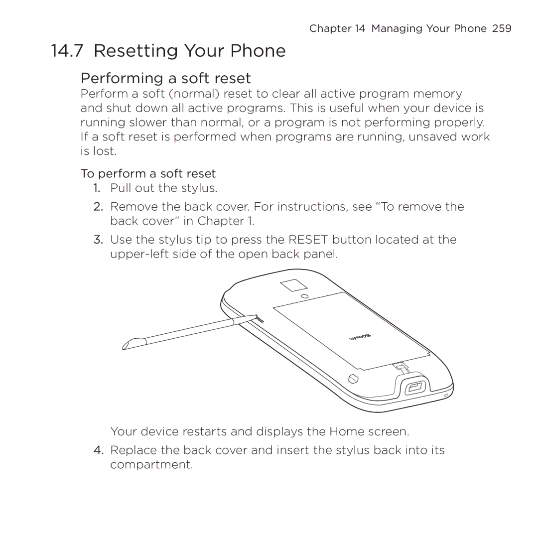 HTC NMRHOD00 user manual Resetting Your Phone, Performing a soft reset 