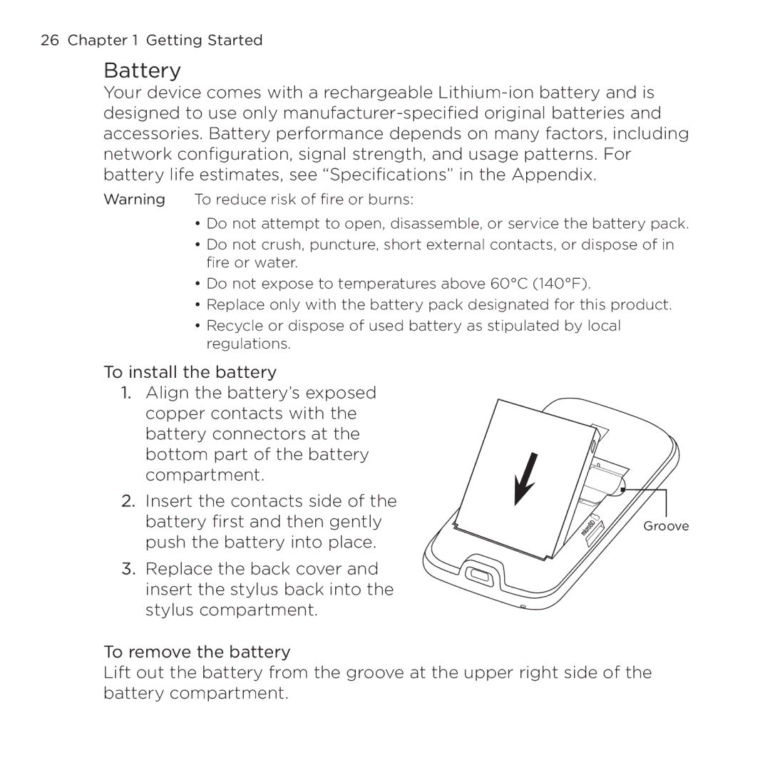 HTC NMRHOD00 user manual Battery 