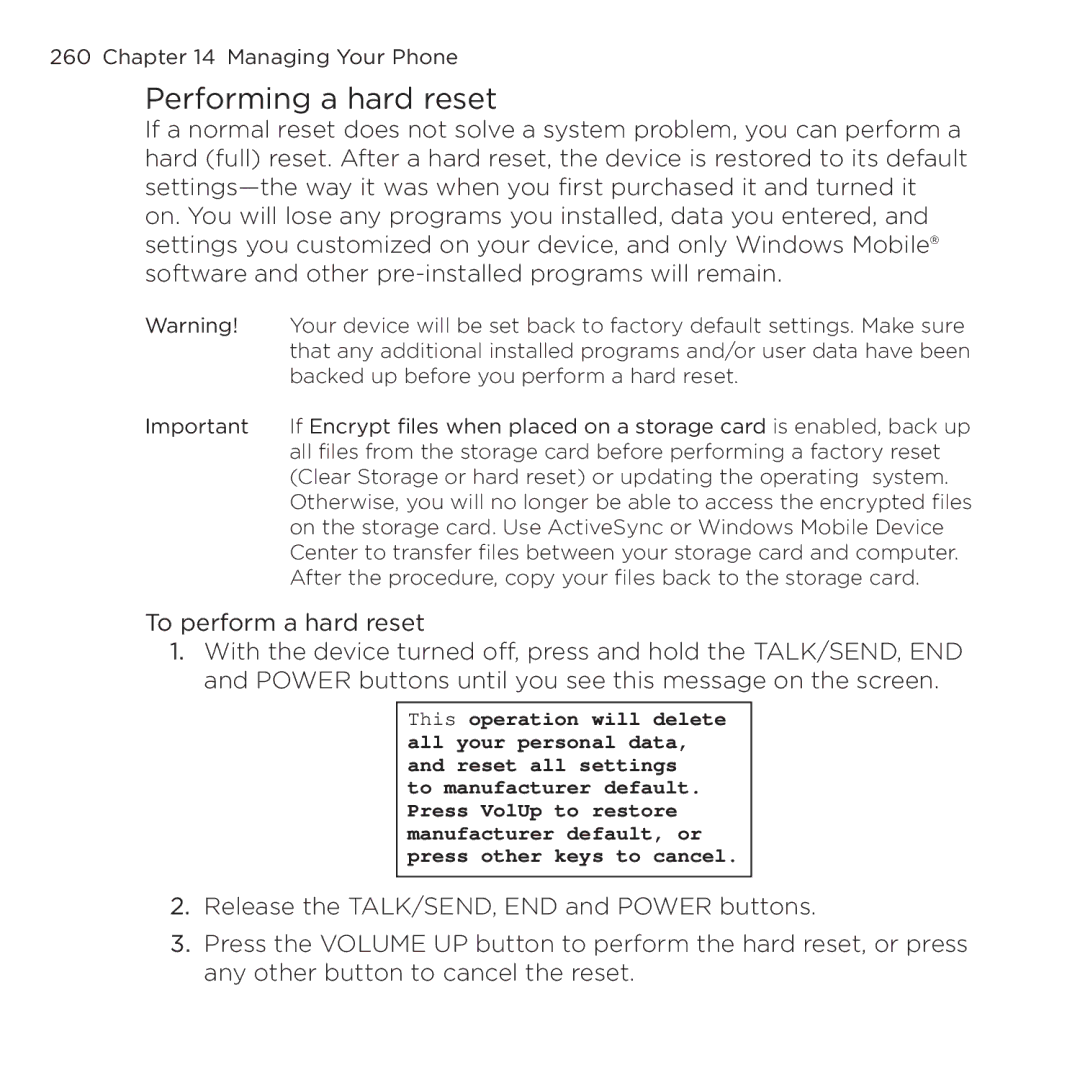 HTC NMRHOD00 user manual Performing a hard reset 