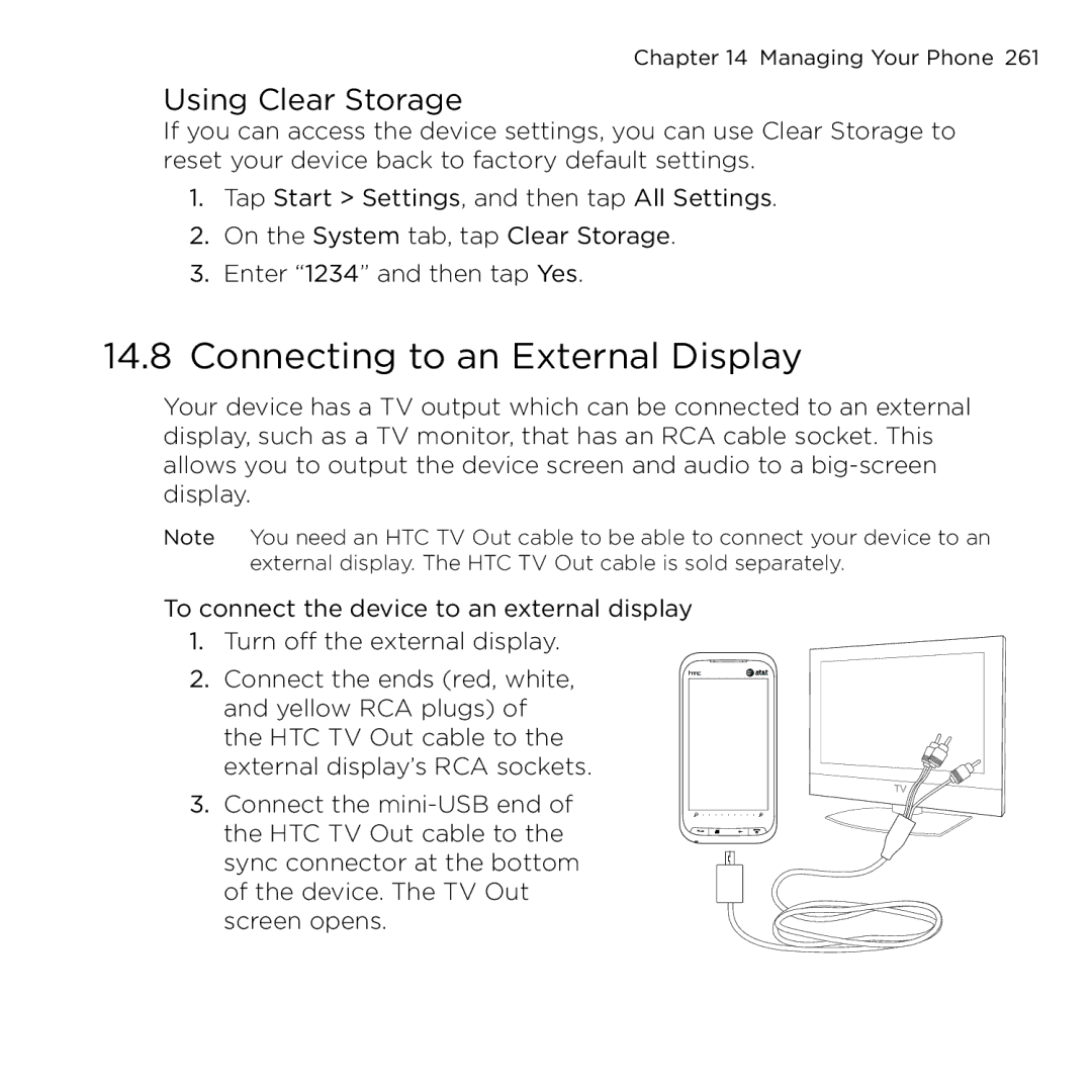 HTC NMRHOD00 user manual Connecting to an External Display, Using Clear Storage 