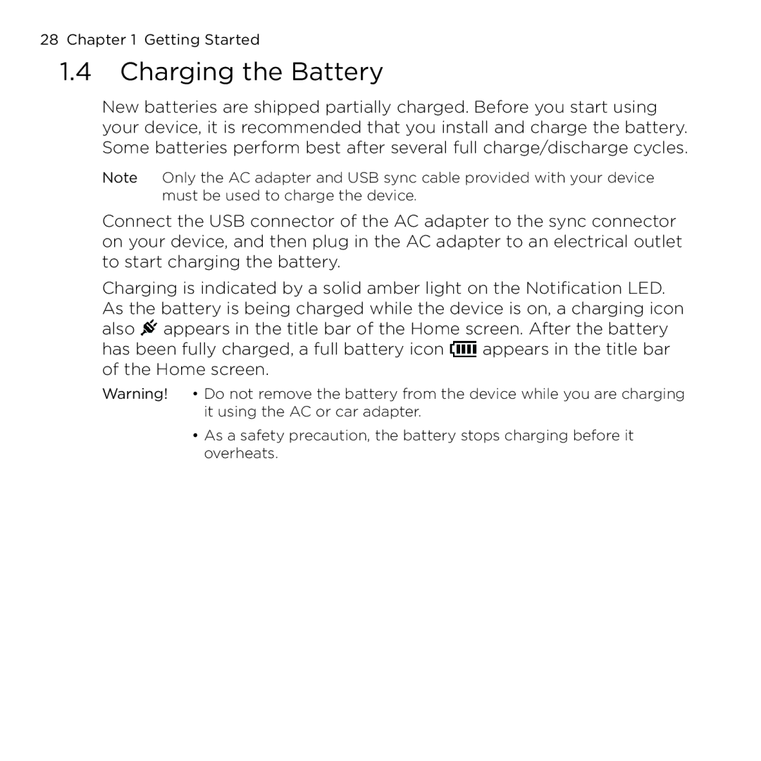 HTC NMRHOD00 user manual Charging the Battery 