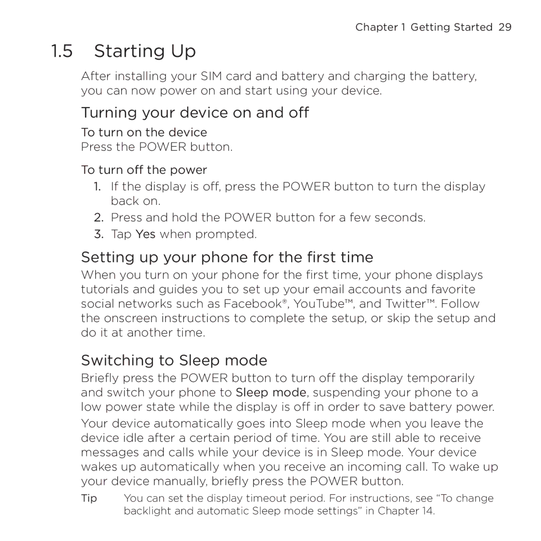 HTC NMRHOD00 user manual Starting Up, Turning your device on and off, Setting up your phone for the first time 