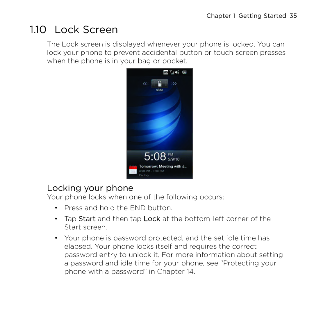 HTC NMRHOD00 user manual Lock Screen, Locking your phone 