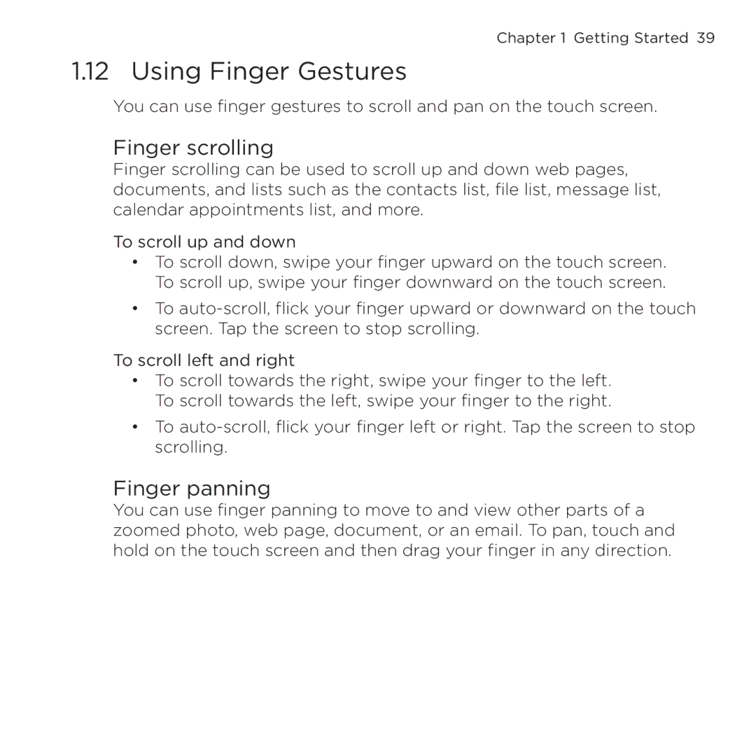 HTC NMRHOD00 user manual Using Finger Gestures, Finger scrolling, Finger panning 