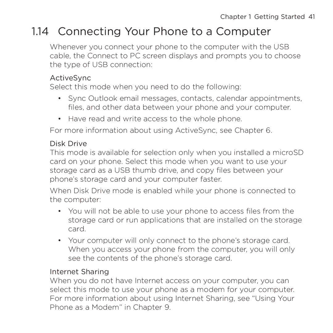 HTC NMRHOD00 user manual Connecting Your Phone to a Computer 