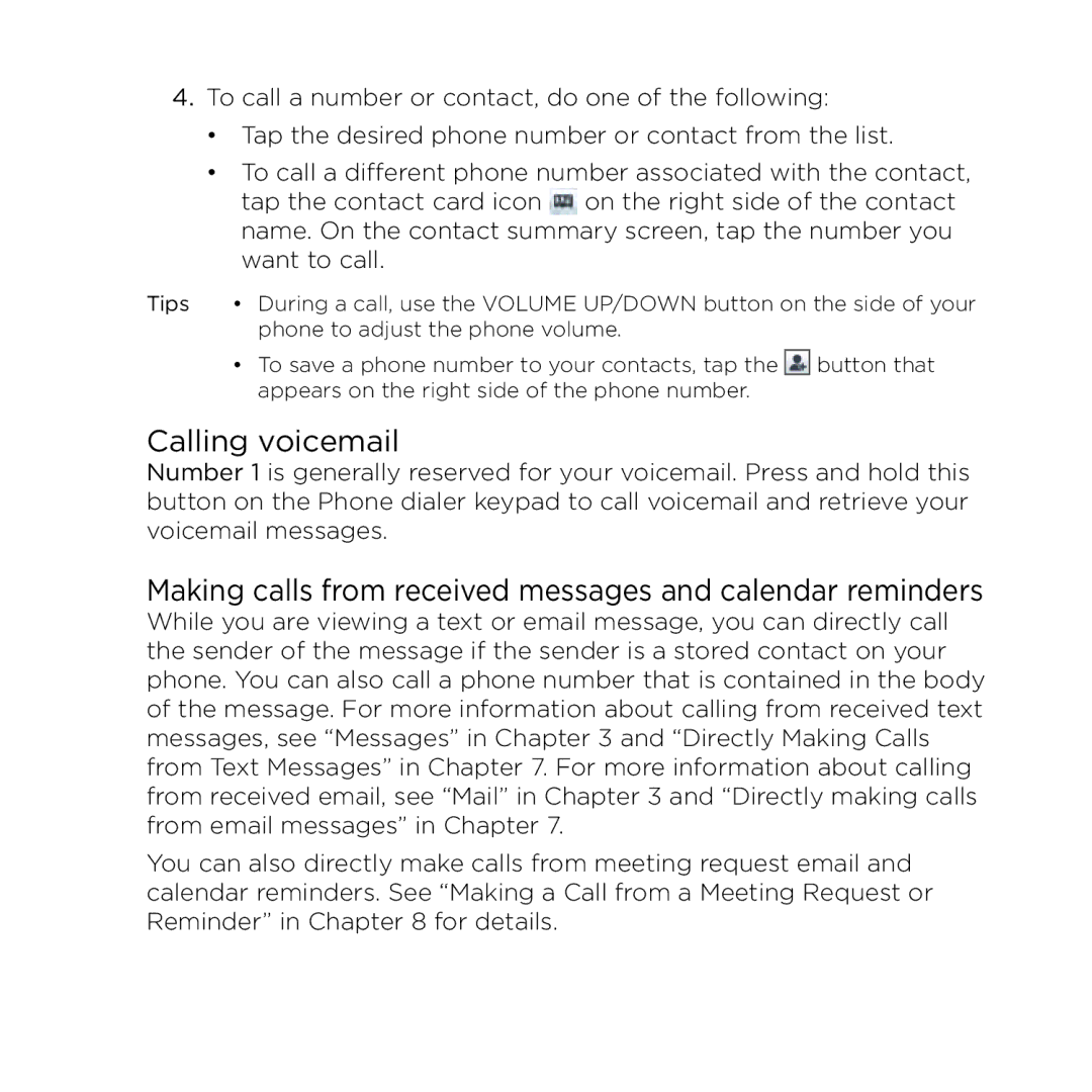 HTC NMRHOD00 user manual Calling voicemail, Making calls from received messages and calendar reminders 