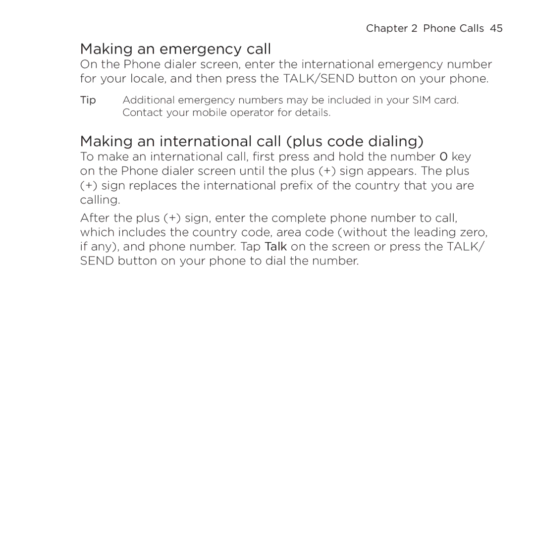 HTC NMRHOD00 user manual Making an emergency call, Making an international call plus code dialing 