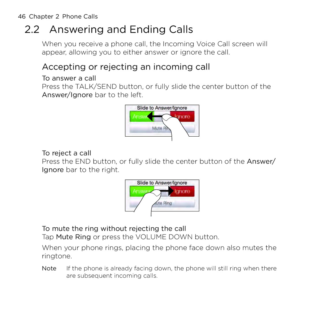 HTC NMRHOD00 user manual Answering and Ending Calls, Accepting or rejecting an incoming call 