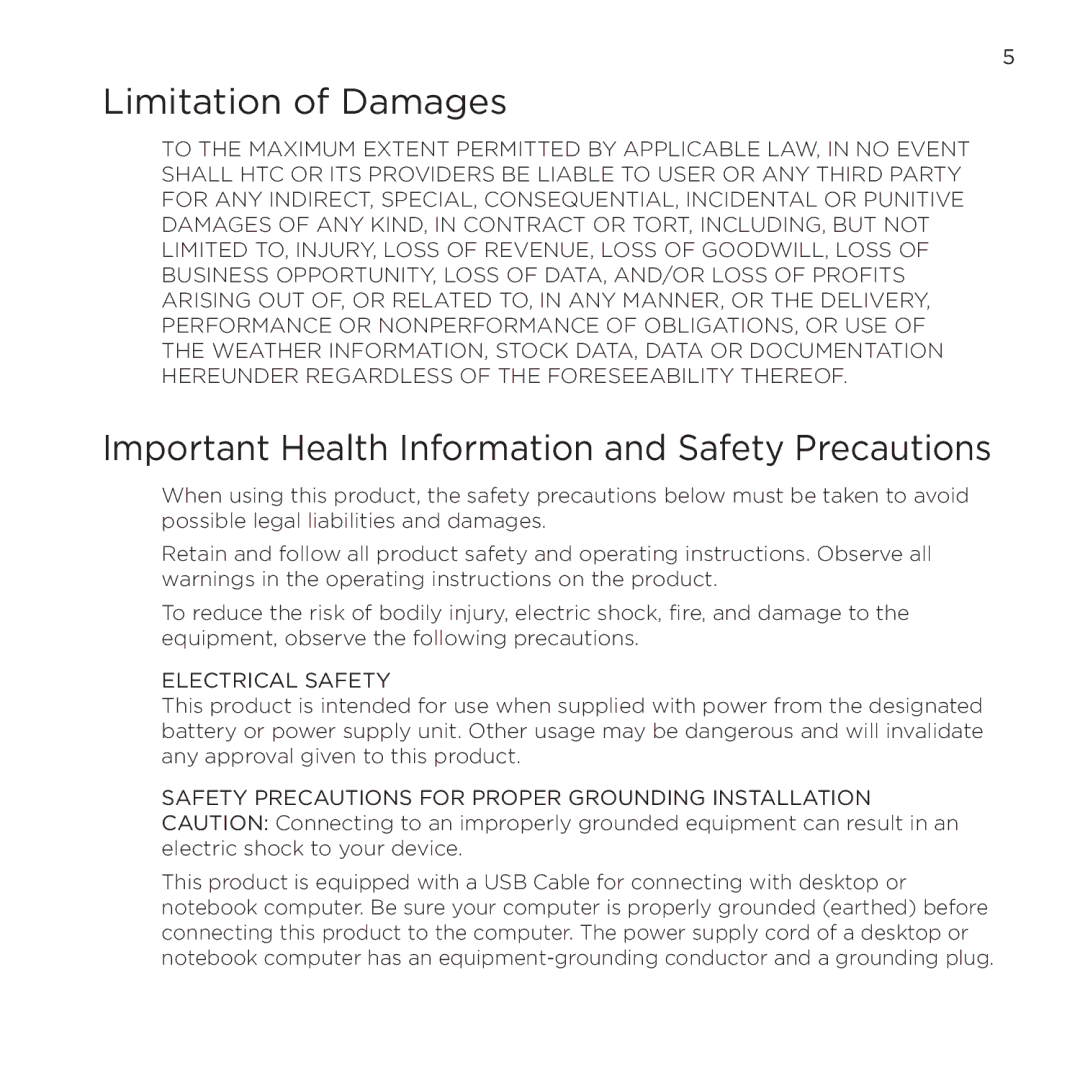 HTC NMRHOD00 user manual Limitation of Damages, Important Health Information and Safety Precautions 