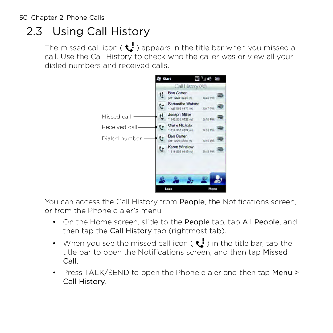 HTC NMRHOD00 user manual Using Call History 