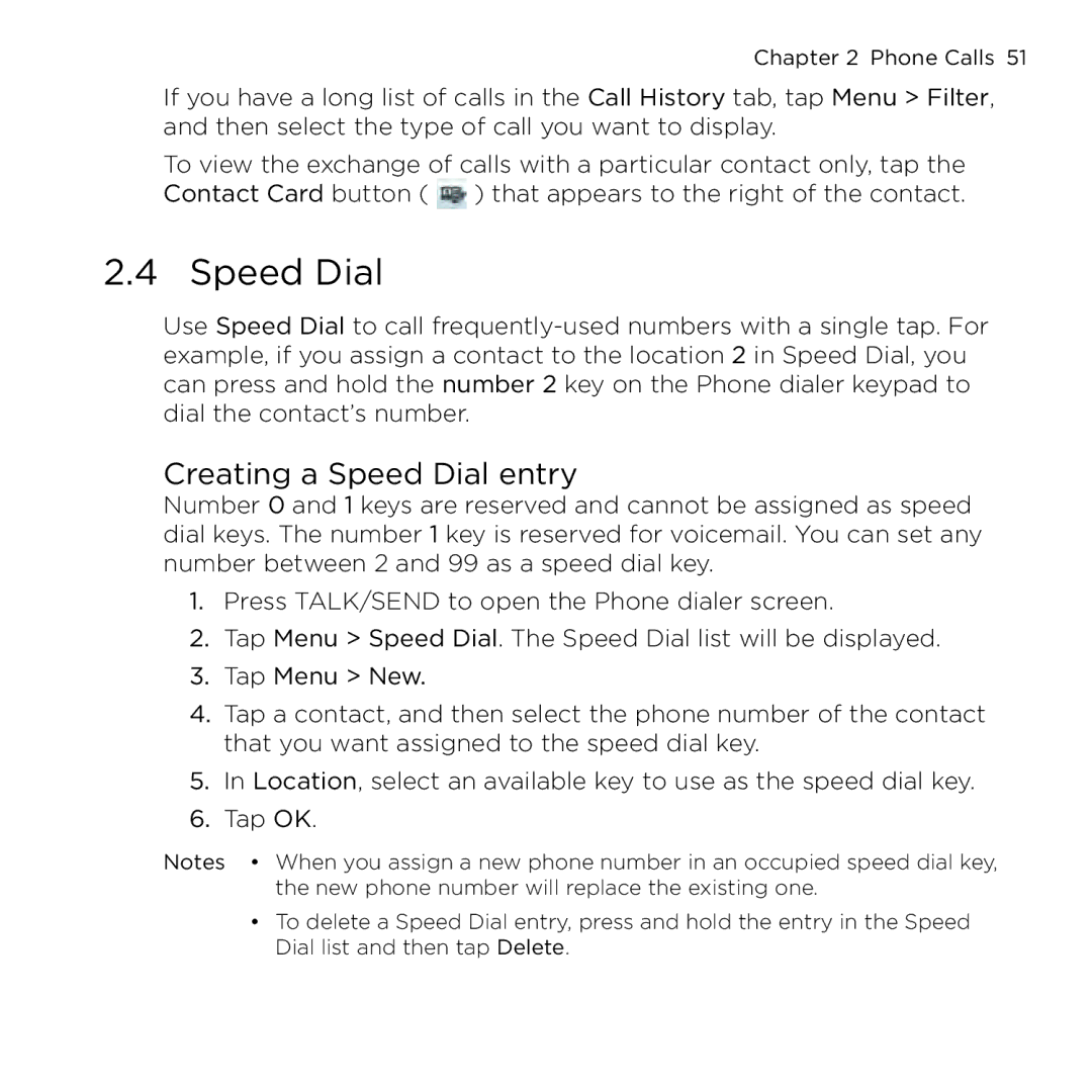 HTC NMRHOD00 user manual Creating a Speed Dial entry 