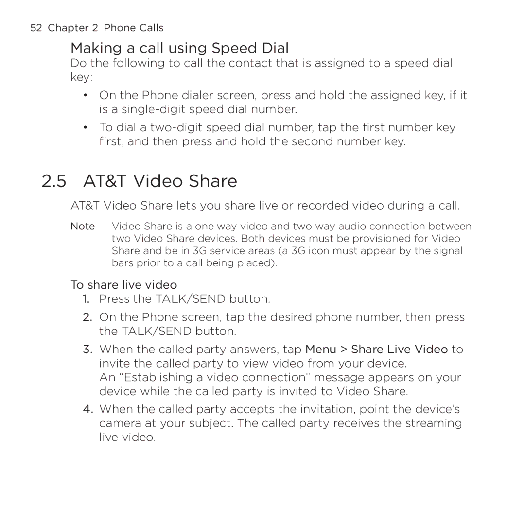 HTC NMRHOD00 user manual AT&T Video Share, Making a call using Speed Dial 