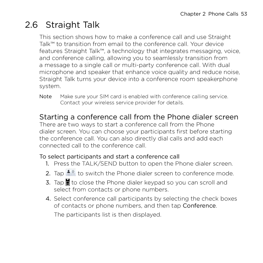 HTC NMRHOD00 user manual Straight Talk, Starting a conference call from the Phone dialer screen 