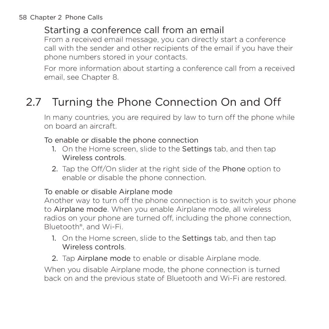 HTC NMRHOD00 user manual Turning the Phone Connection On and Off, Starting a conference call from an email 