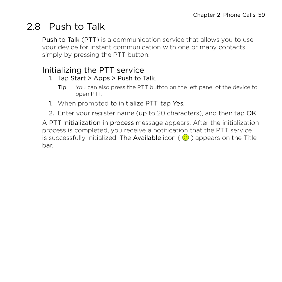 HTC NMRHOD00 user manual Push to Talk, Initializing the PTT service 