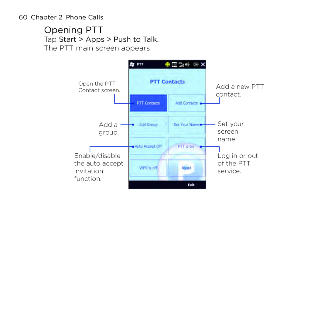 HTC NMRHOD00 user manual Opening PTT, Tap Start Apps Push to Talk. The PTT main screen appears 