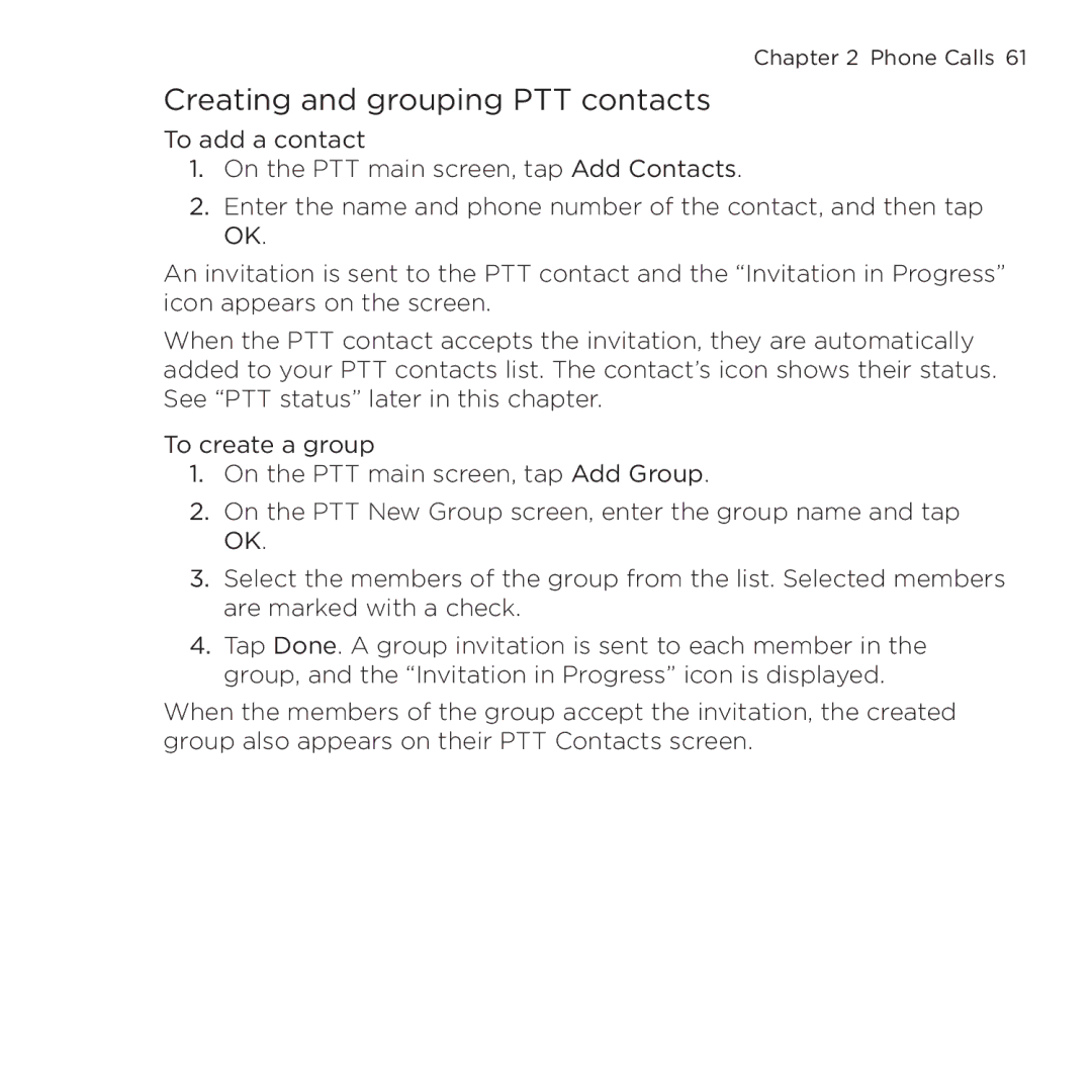 HTC NMRHOD00 user manual Creating and grouping PTT contacts 