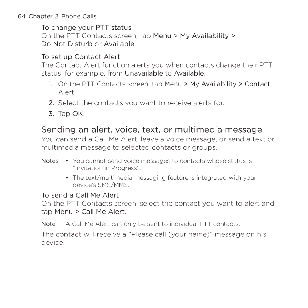 HTC NMRHOD00 user manual Sending an alert, voice, text, or multimedia message 