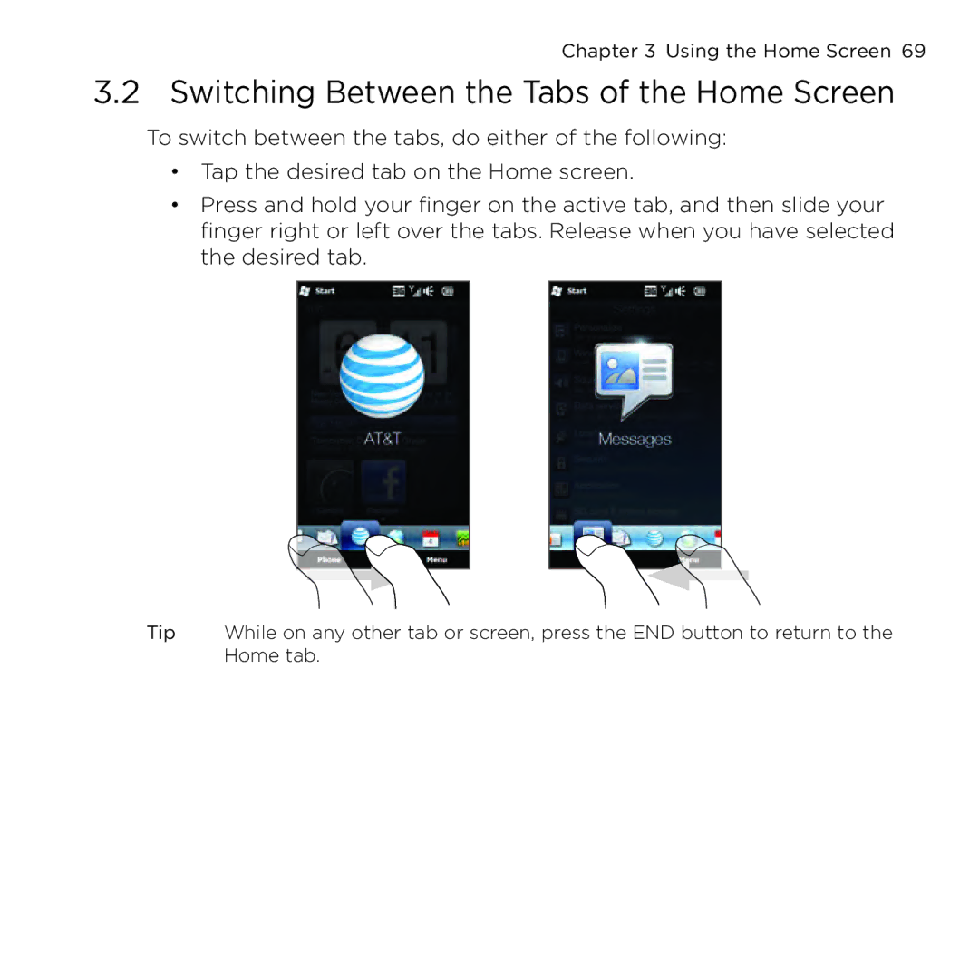 HTC NMRHOD00 user manual Switching Between the Tabs of the Home Screen 