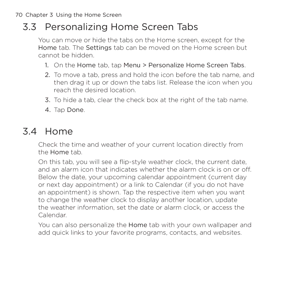 HTC NMRHOD00 user manual Personalizing Home Screen Tabs 