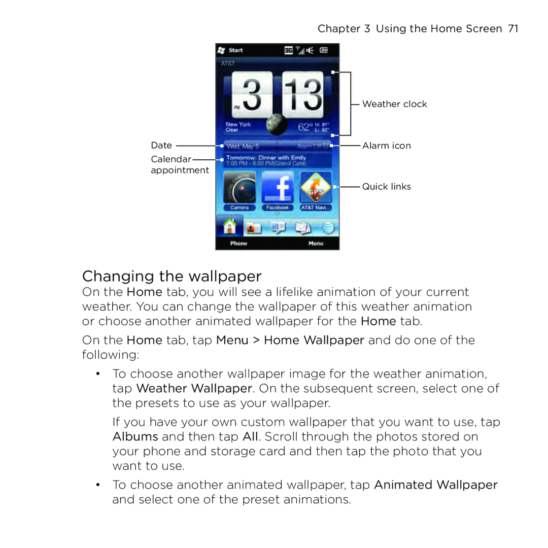 HTC NMRHOD00 user manual Changing the wallpaper 