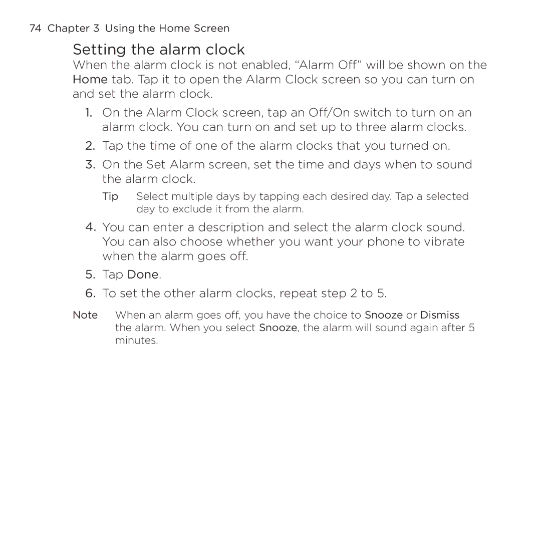 HTC NMRHOD00 user manual Setting the alarm clock 