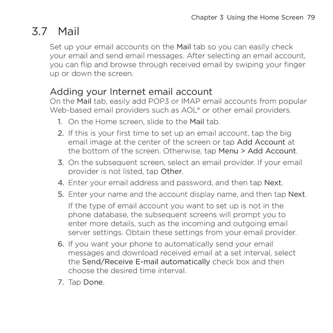 HTC NMRHOD00 user manual Mail, Adding your Internet email account 