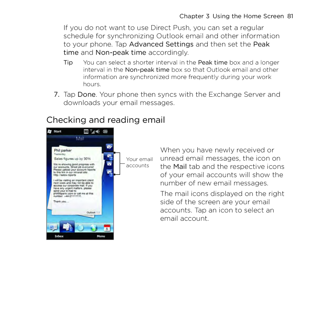 HTC NMRHOD00 user manual Checking and reading email 