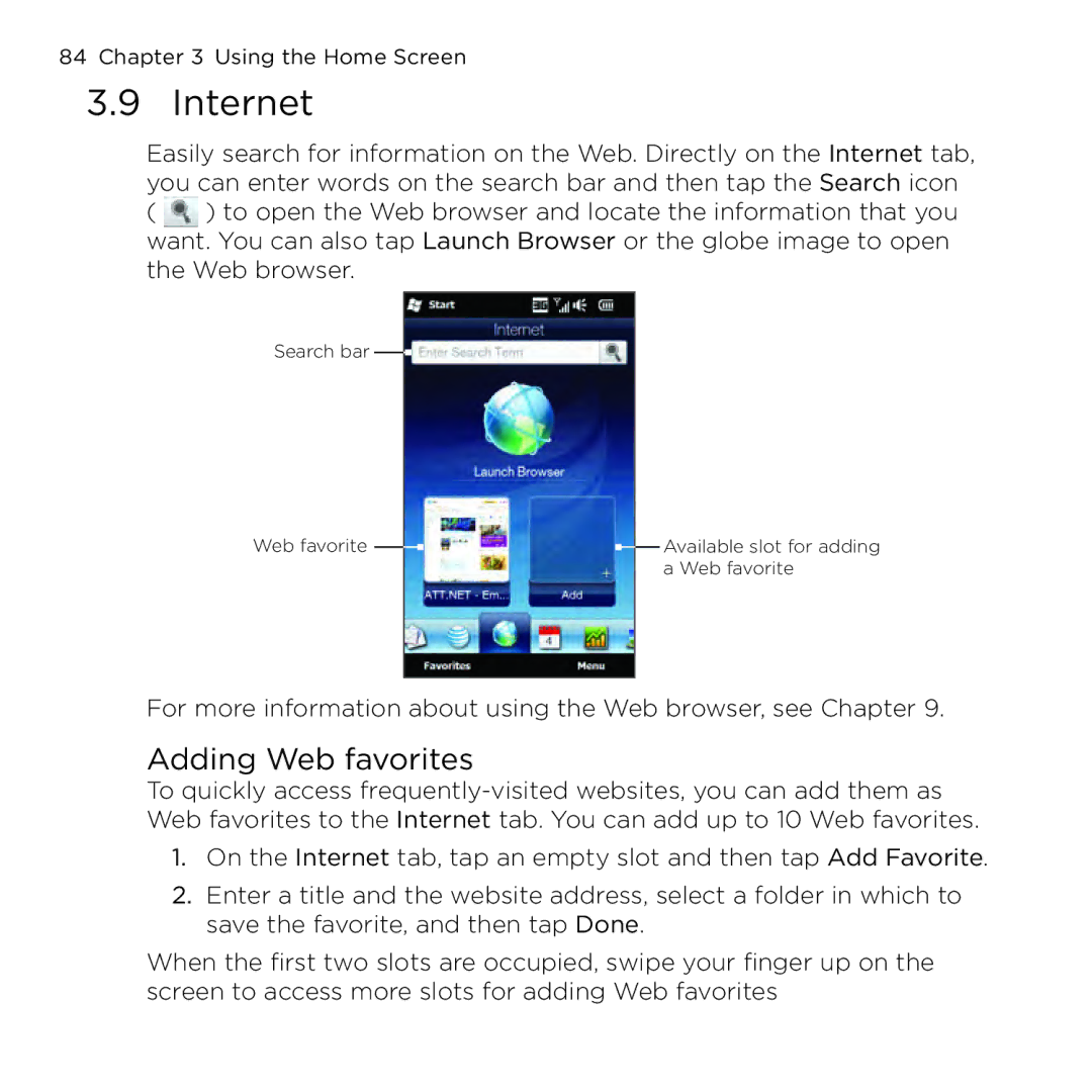 HTC NMRHOD00 user manual Internet, Adding Web favorites 