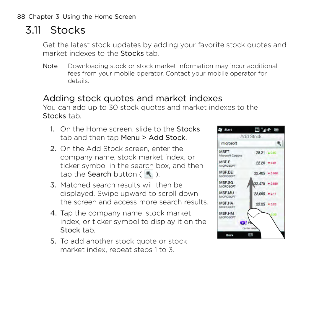 HTC NMRHOD00 user manual Stocks, Adding stock quotes and market indexes 