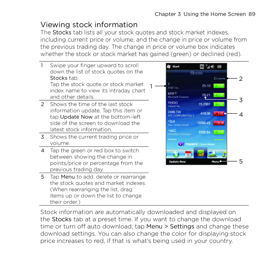 HTC NMRHOD00 user manual Viewing stock information 