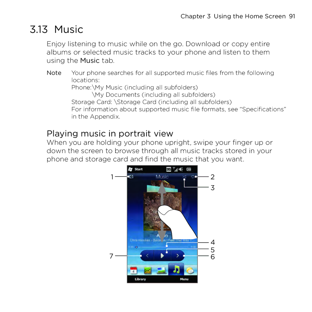 HTC NMRHOD00 user manual Music, Playing music in portrait view 