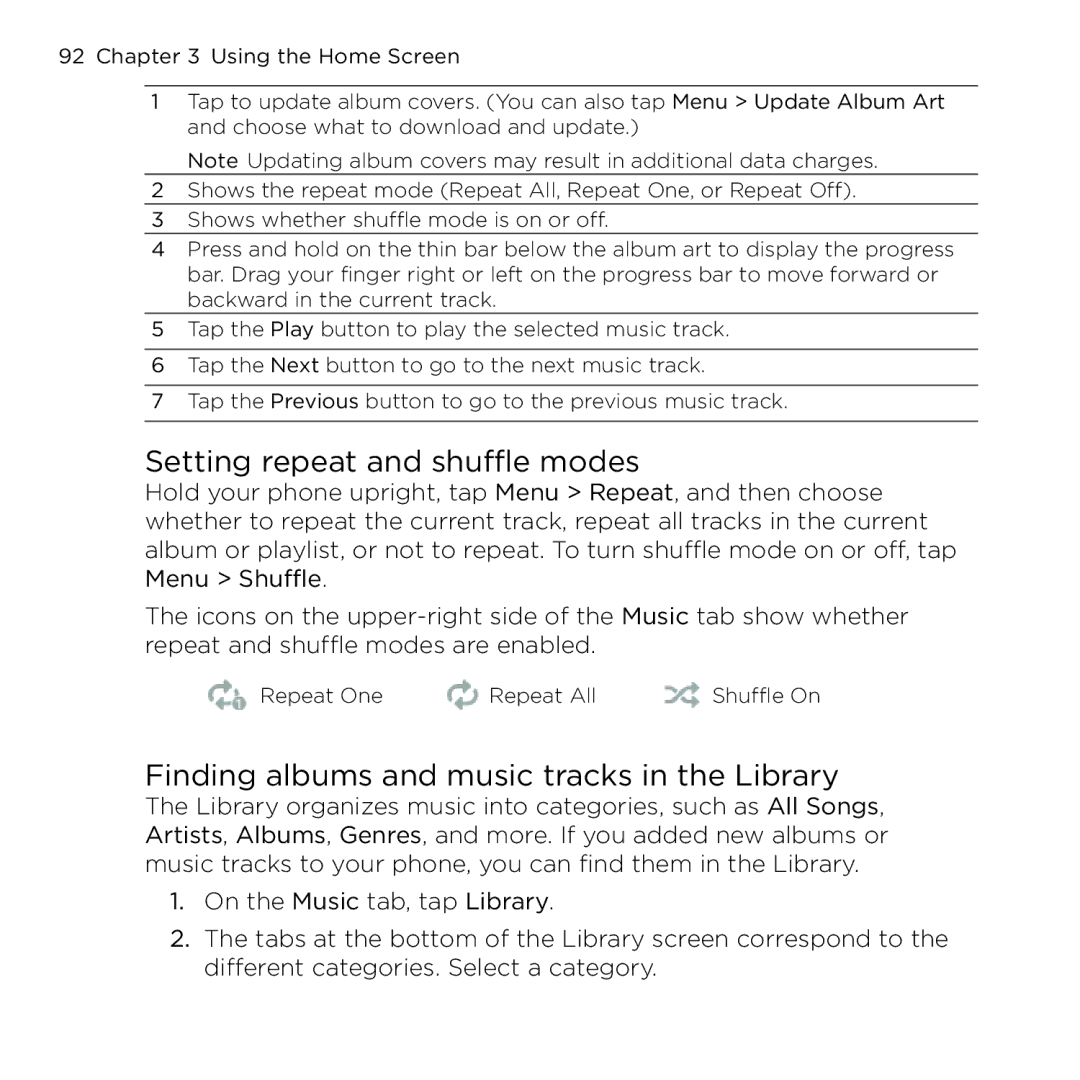 HTC NMRHOD00 user manual Setting repeat and shuffle modes, Finding albums and music tracks in the Library 