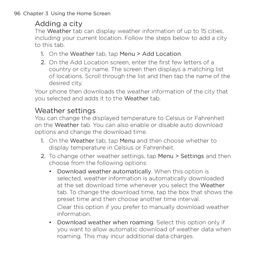 HTC NMRHOD00 user manual Adding a city, Weather settings 