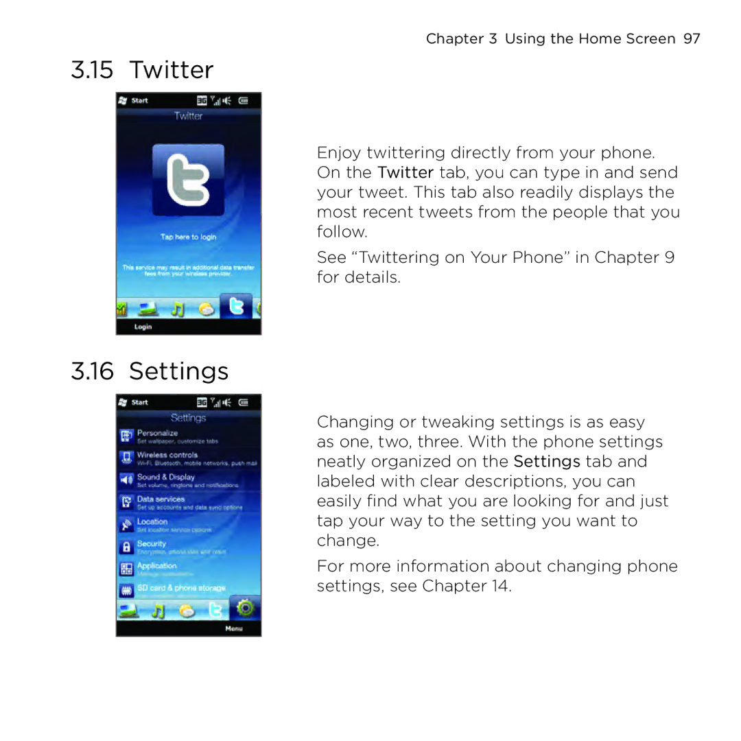 HTC NMRHOD00 user manual Twitter, Settings 