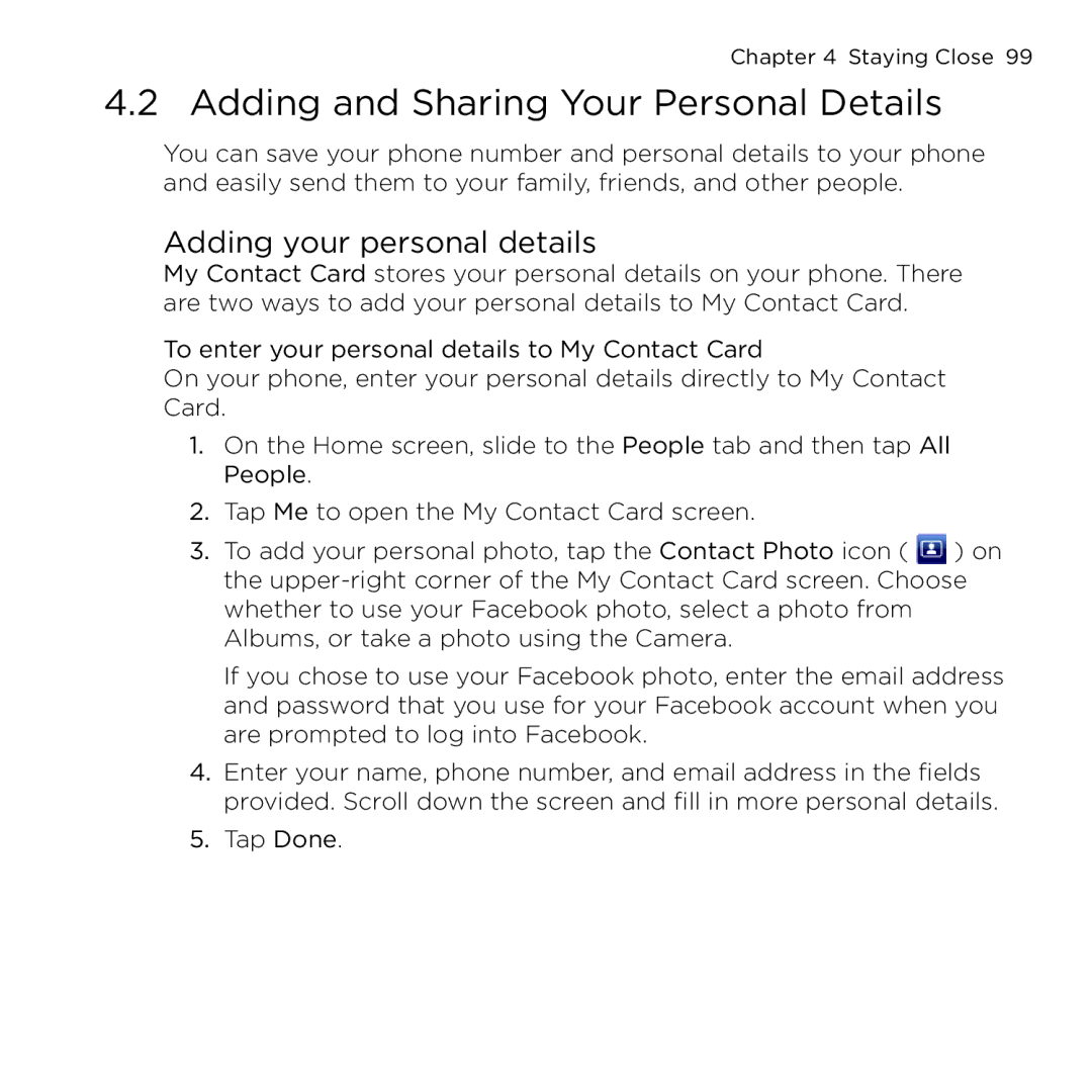 HTC NMRHOD00 user manual Adding and Sharing Your Personal Details, Adding your personal details 