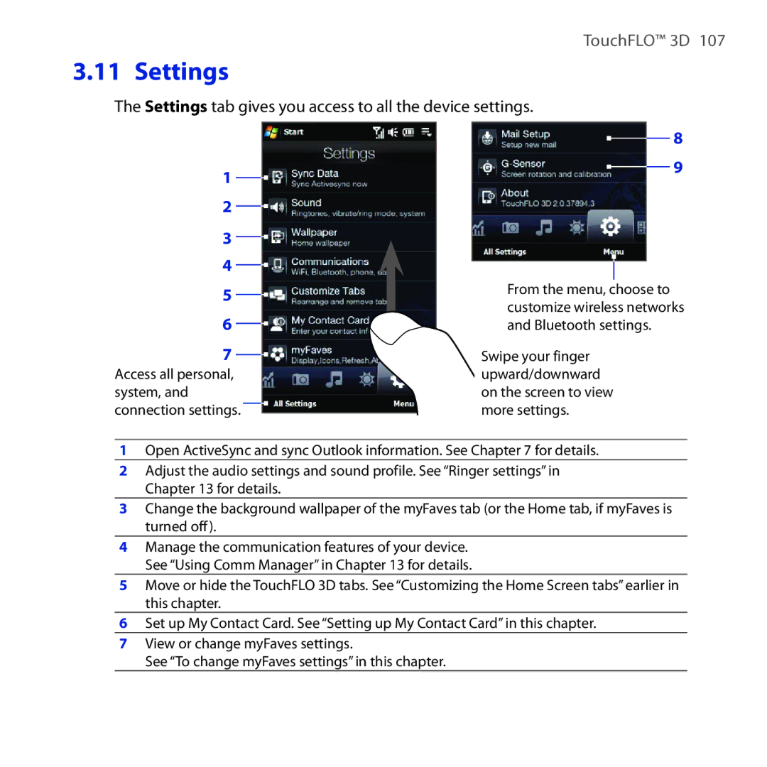 HTC RHOD210 user manual Settings tab gives you access to all the device settings 