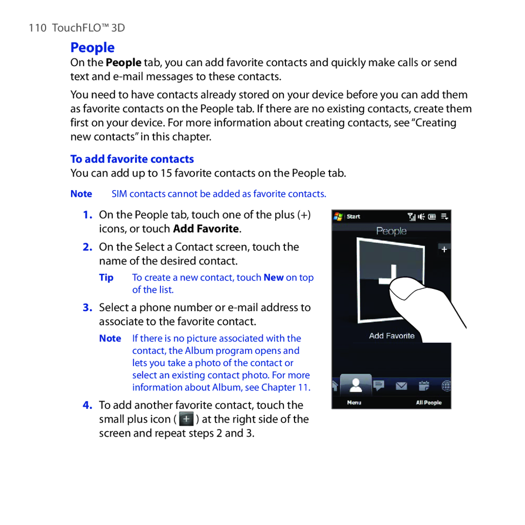 HTC RHOD210 user manual People, To add favorite contacts 