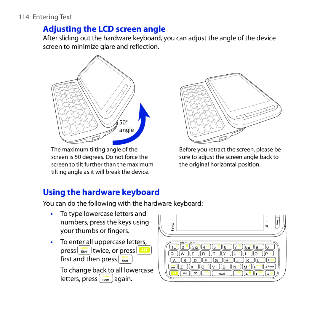 HTC RHOD210 user manual Adjusting the LCD screen angle, Using the hardware keyboard, Entering Text 