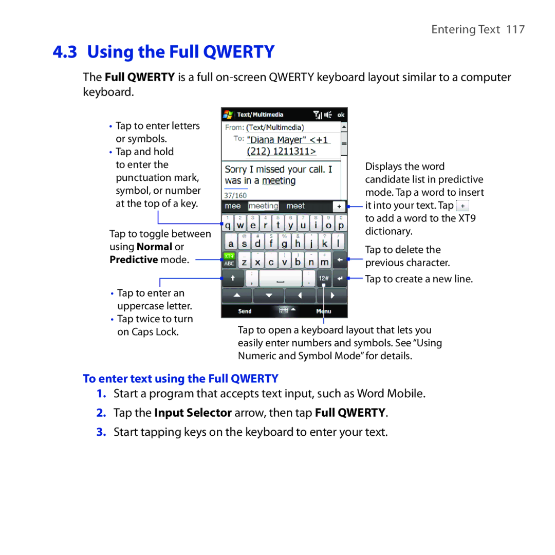 HTC RHOD210 Using the Full Qwerty, To enter text using the Full Qwerty, Tap the Input Selector arrow, then tap Full Qwerty 