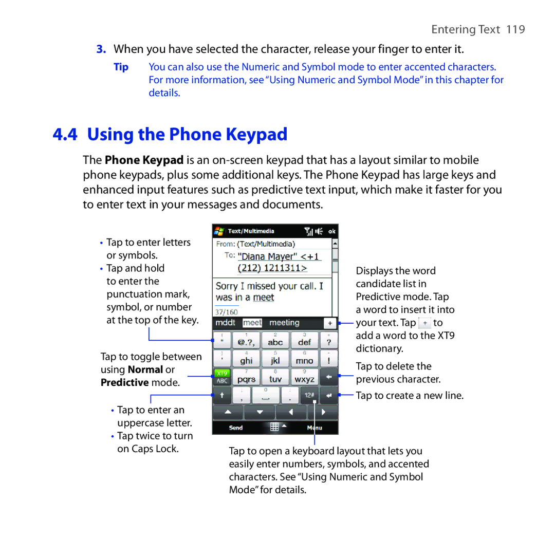 HTC RHOD210 user manual Using the Phone Keypad 