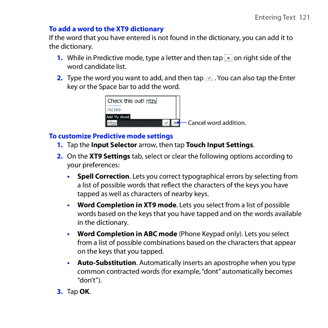 HTC RHOD210 user manual To add a word to the XT9 dictionary, To customize Predictive mode settings 