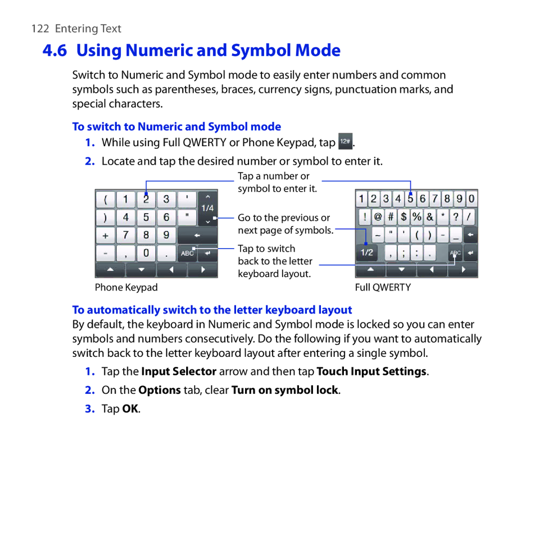 HTC RHOD210 user manual Using Numeric and Symbol Mode, To switch to Numeric and Symbol mode 