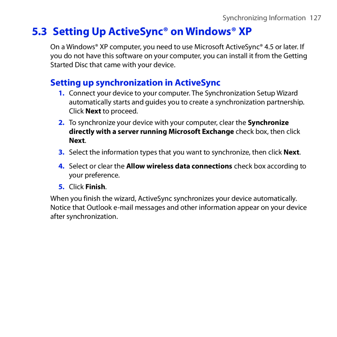 HTC RHOD210 user manual Setting Up ActiveSync on Windows XP, Setting up synchronization in ActiveSync 