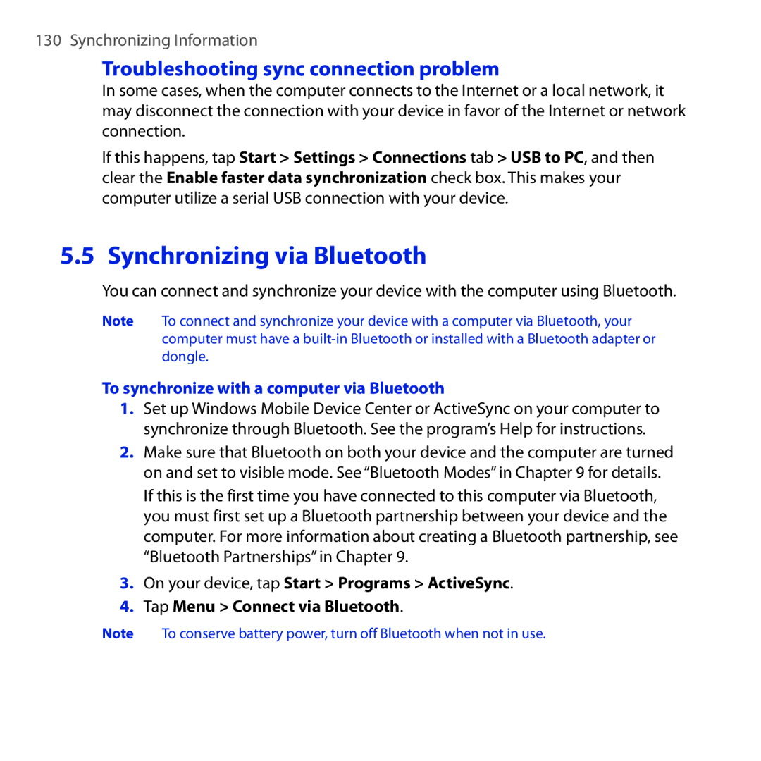 HTC RHOD210 user manual Synchronizing via Bluetooth, Troubleshooting sync connection problem 